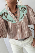 Pony Embroidered Puff Sleeve Gingham Blouse